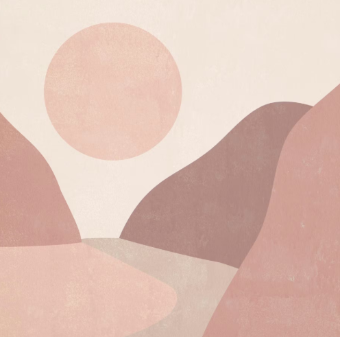 A minimalist, stylized illustration of arid hills under a bright sun in a pale pink, beige and dusty rose color palette, f...